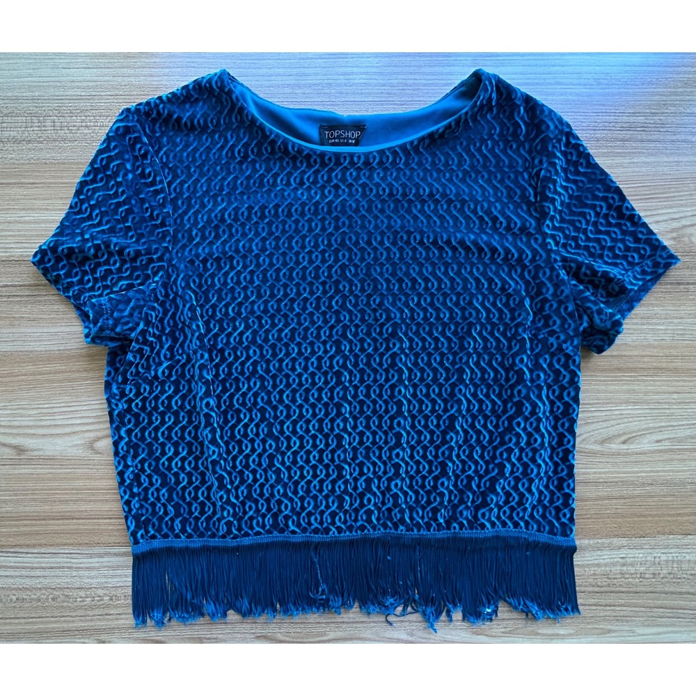 Topshop Teal Velvet Textured Fringe Trim Crop Top Size 8